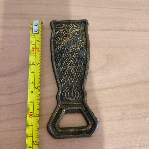Vintage brass owl-shaped bottle opener used, 1970s