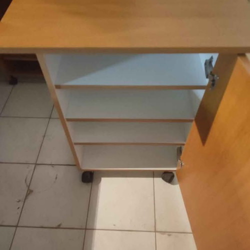 Office cabinet with cupboard and shelves, like new, brown melamine, with wheels