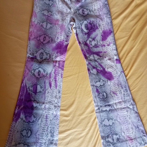 Y2K flare pants with snake print and purple tie dye details like new