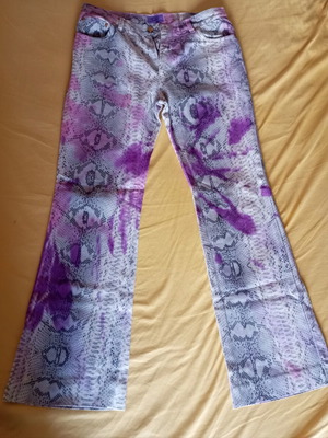 Y2K flare pants with snake print and purple tie dye details like new