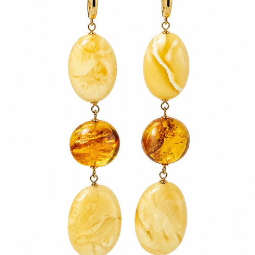 Long Amber Earrings with White Baltic Amber and 24K Gold Plated Silver