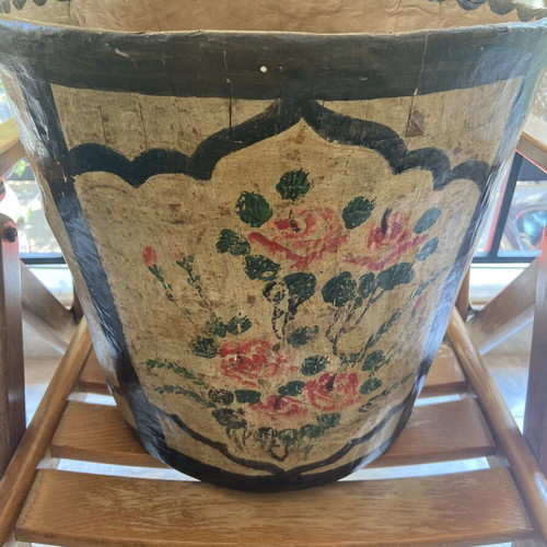Rare antique papier mache basket used, lacquered with floral decor