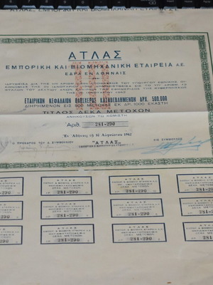 Atlas S.A. 10 Shares Certificate used