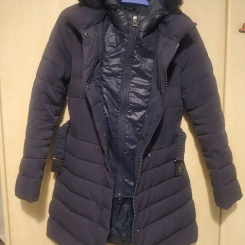 Women's waterproof jacket used blue small with hood and fur trim