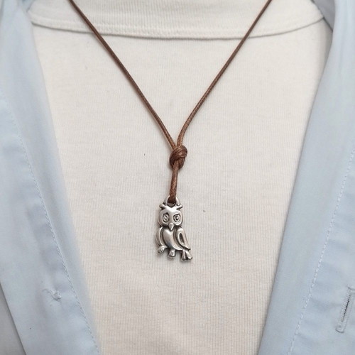 Men's owl pendant necklace with chocolate cord