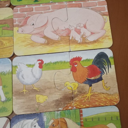 Educational set of 9 mini puzzles used, farm animals