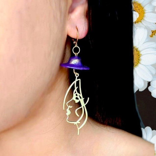 Handmade long dangle earrings with purple hat and gold details