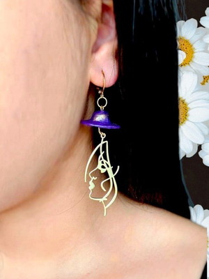 Handmade long dangle earrings with purple hat and gold details