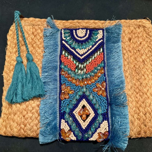 Fullah Sugah summer jute crossbody bag with embroidered beads and detachable chain