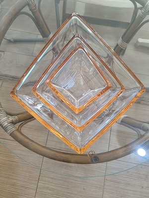 Set of 3 vintage glass decorative bowls with orange rim