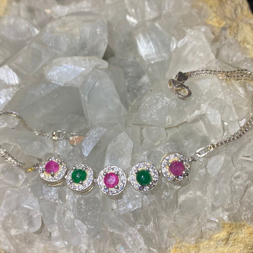 Handmade silver bracelet with natural emerald, ruby and moissanite, new
