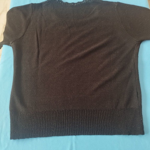 Black Short-Sleeve Knitted Blouse with Lace Neckline used, M/L