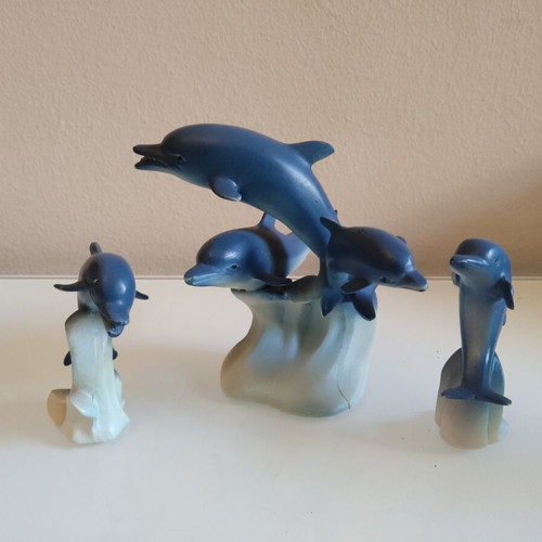 Decorative dolphin set used, pack of 3, blue-cream matte finish