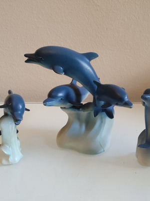 Decorative dolphin set used, pack of 3, blue-cream matte finish