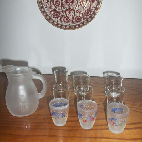 Small Ouzo Pitcher 0.25 L and Set of 9 Shot Glasses used