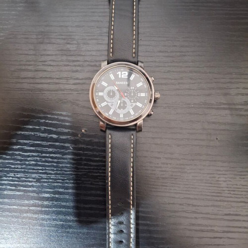 Saneesi men's watch used, black leather strap, chronograph