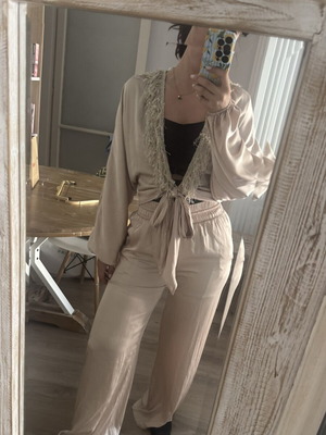 Boho Beige Set with Tie Top and High-Waisted Pants, New
