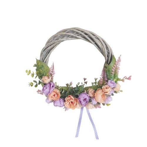 Wreath 30 cm with orange and purple peonies, purple polka dot bows and yellow bee