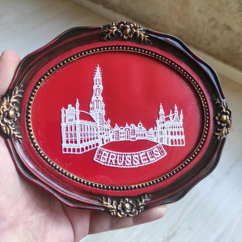 Brussels embroidered picture from Grand Palace City Hall with glass front like new