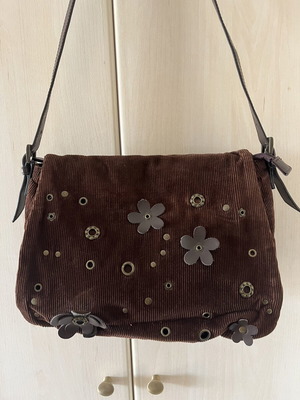Alain Manoukian shoulder bag, brown corduroy fabric with leather flowers