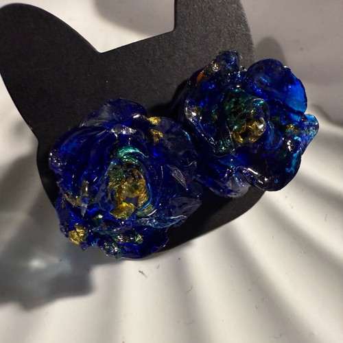 Blue gold rose earrings new handmade