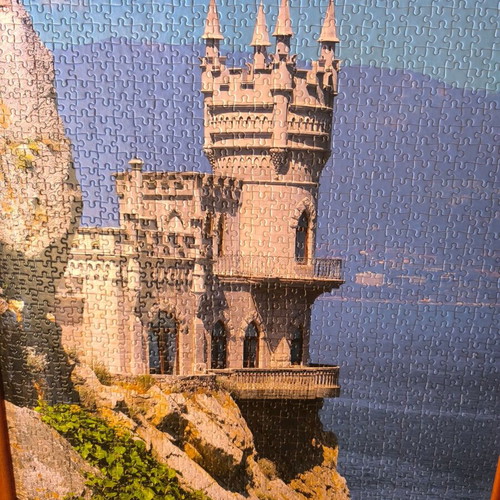 Puzzle framed landscape picture like new, wooden frame