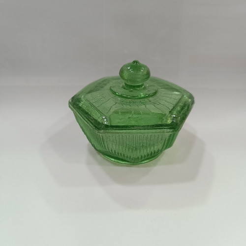 Vintage green pressed glass jewelry box with embossed lid and ridges