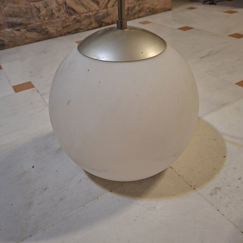 Modern ceiling light with white matte glass sphere and silver metal frame like new