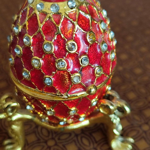 Faberge style red egg enamel decoration with crystals on gilded base new