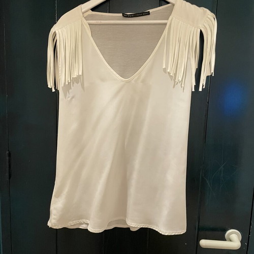 Zara white blouse with shoulder fringes, size L