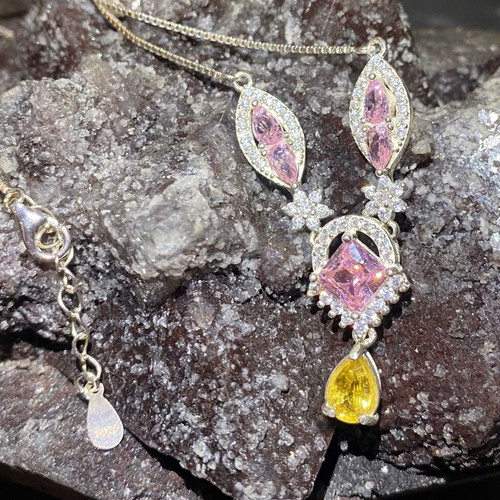 Silver Necklace with Natural Pink Tourmaline, Citrine and Moissanite