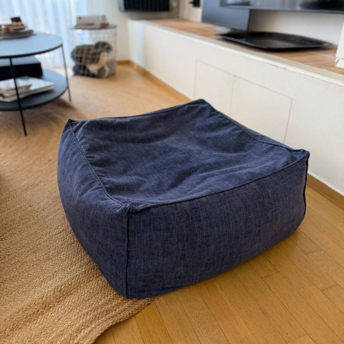 Square pouf stool, blue velvet texture, 60x60x30cm