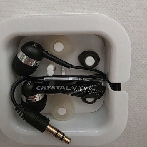 Crystal Acoustics wired in-ear headphones with extra ear tips and case