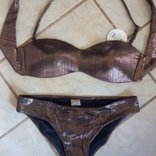 Strapless shiny bikini new, brown with removable strap and padding