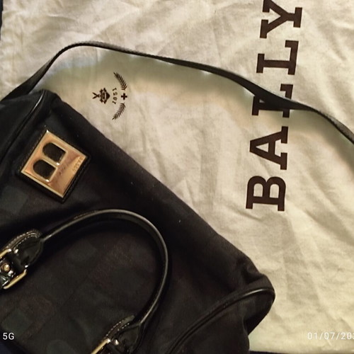 Bally Boston Bag in Black Cotton with Patent Leather Trim Like New