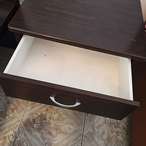 Complete dark wood bedroom set with double bed and bedside table
