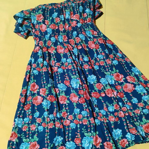 Floral mini strapless dress with ruffles, cotton, blue