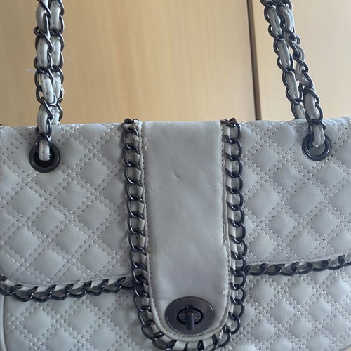 Quilted chain shoulder bag used, cream beige with decorative chains