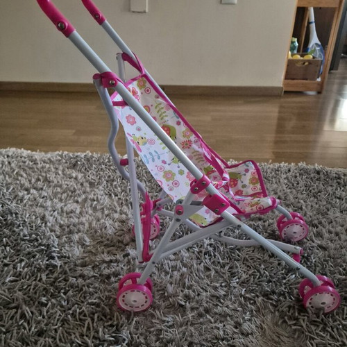 Doll Stroller in Pink with Flowers and Baby New