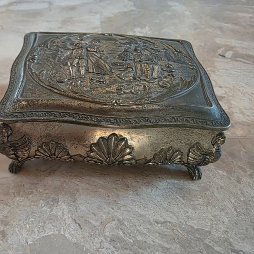 Japanese Metal Jewelry Box used, 1950s, velvet interior