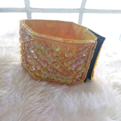 Handmade wide cuff bracelet with yellow beads and sequins like new