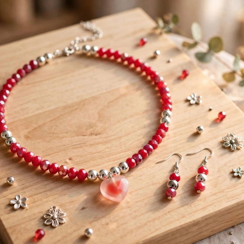 Handmade crystal beaded red color necklace and earrings set