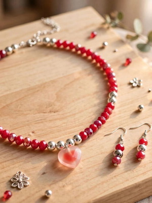 Handmade crystal beaded red color necklace and earrings set
