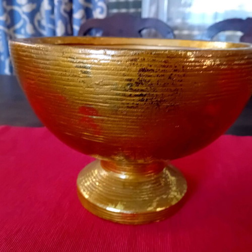 Large round decorative vase used, gold-bronze with gray lines