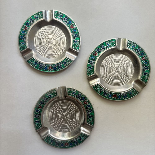 Set of 3 Soviet Vintage Melchior Ashtrays with Cloisonné Enamel
