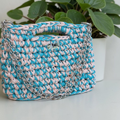 Handmade bag turquoise with beige and silver chain new