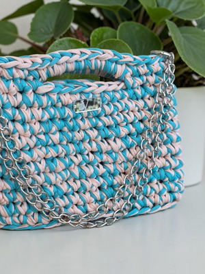 Handmade bag turquoise with beige and silver chain new
