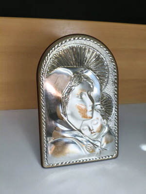 Silver 950 Virgin Mary icon used with wooden base