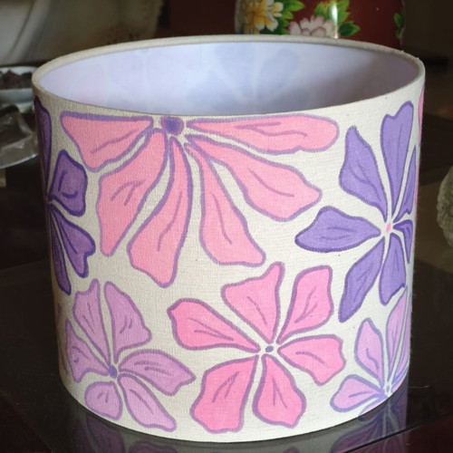 Handmade table lamp with painted fabric shade and inner plastic coating