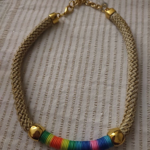 Boho Necklace new, braided rope with rainbow thread and gold details